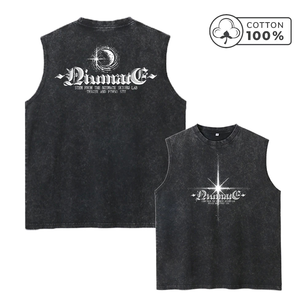 Men's Pure Cotton Washed Sleeveless Vest Trendy Starlight Print Top Retro Distressed Street Style Heavyweight Breathable Vest
