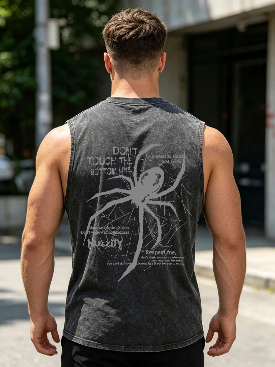 Men's Trendy Spider Print Washed Vest Loose Fit Casual Pure Cotton Fitness Commuter Retro Sleeveless Vest Summer Running Top