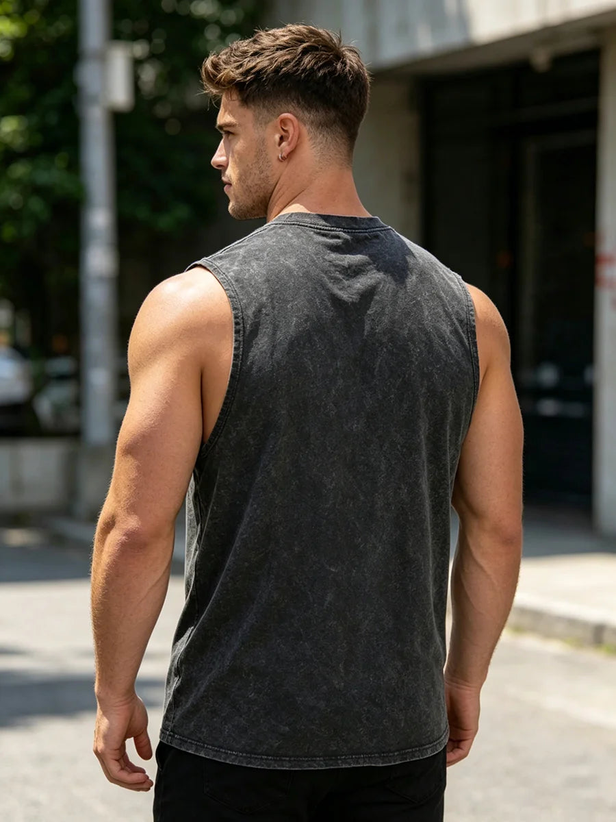 Men's Star Print Distressed Washed Vest Pure Cotton Breathable T-Shirt Summer Outdoor Fitness Running Casual Sleeveless Vest